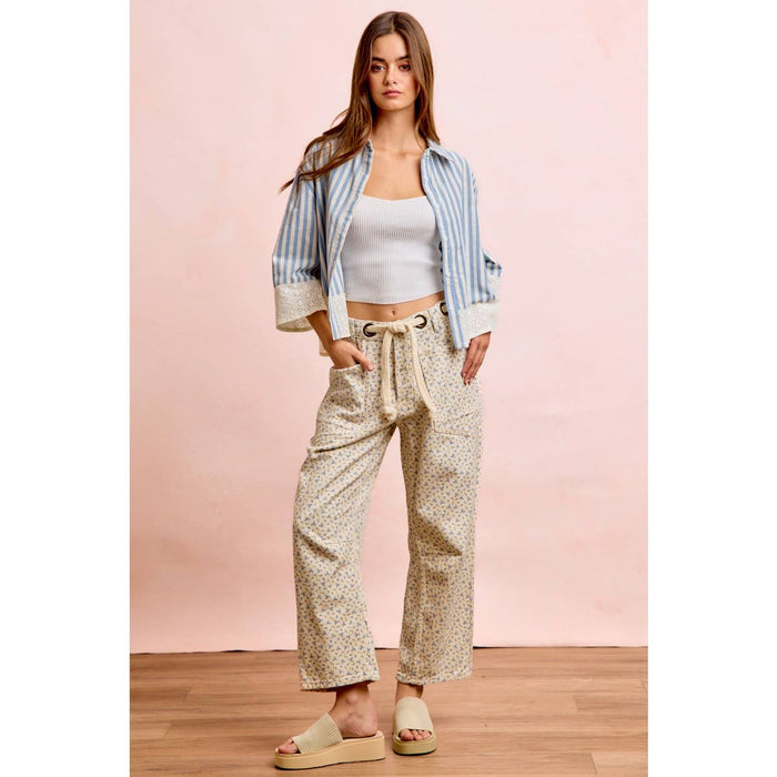 Braided Belt Patch Pocket Floral Print Pants