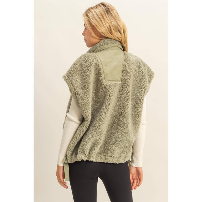 Soft Olive Cozy Sherpa Vest Jacket with Tie-Up Side Details
