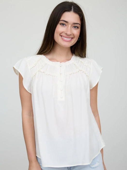 Ivory Ruffled Yoke Short Sleeve Henley Blouse