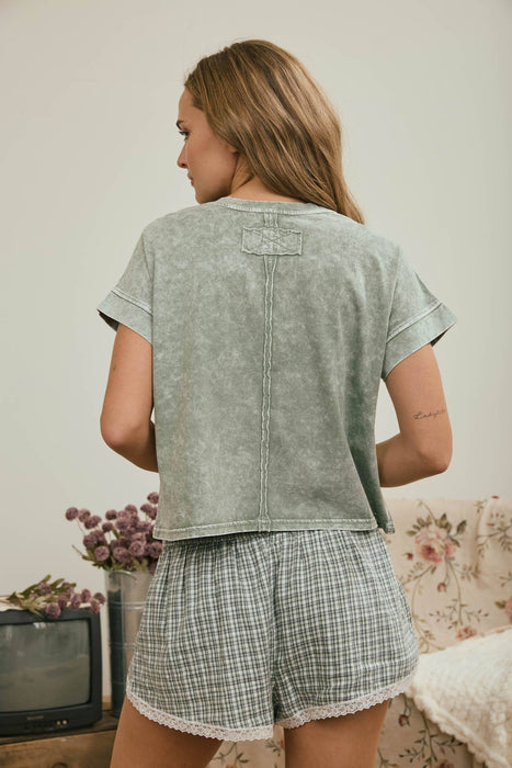 Olive Washed Short Sleeve Boxy Knit Top