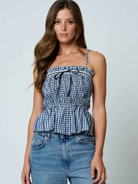 Navy Smocked Gingham Lace Trim Peplum Spaghetti Top