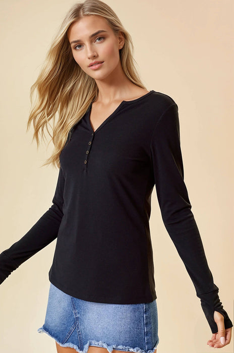 Black Henley Knit Top
