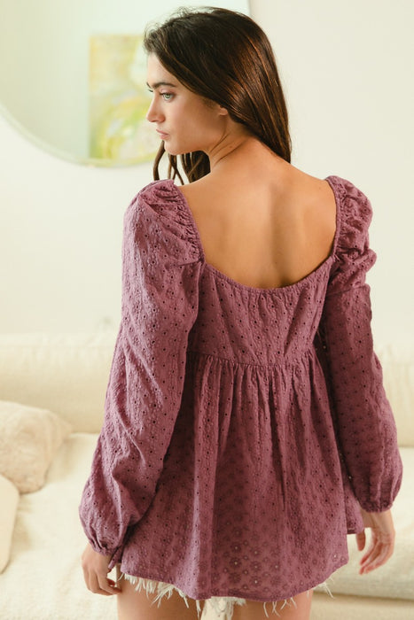 Violet Eyelet With Crochet Knit Square Neck Top