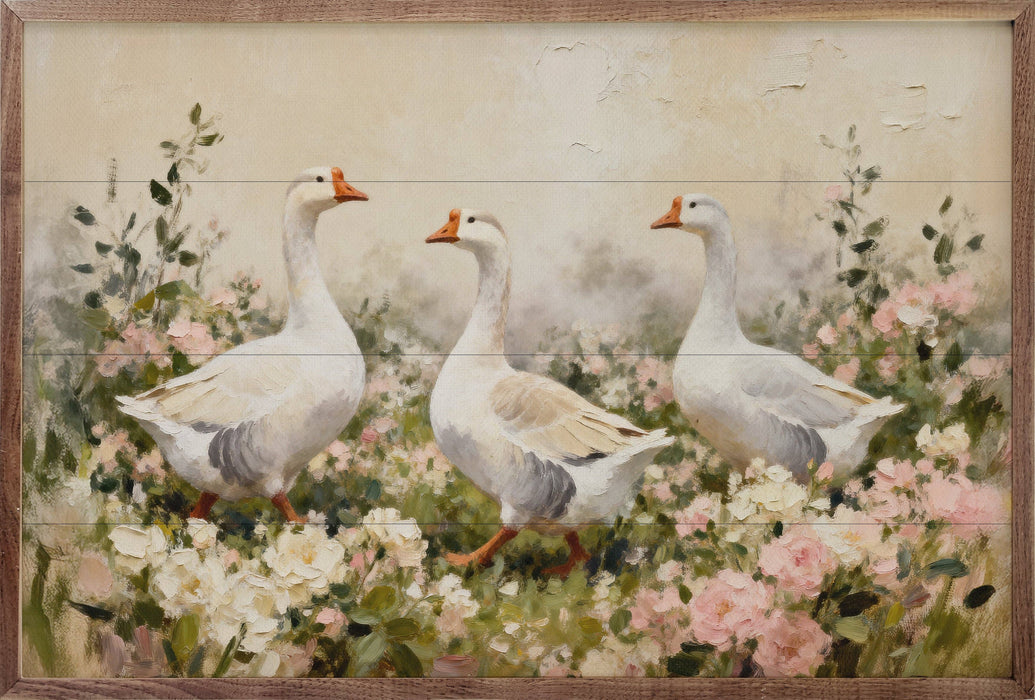 White Geese In Flowers Framed Wall Art