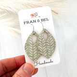 Sage Green and White Chevron Leather Teardrop Earrings