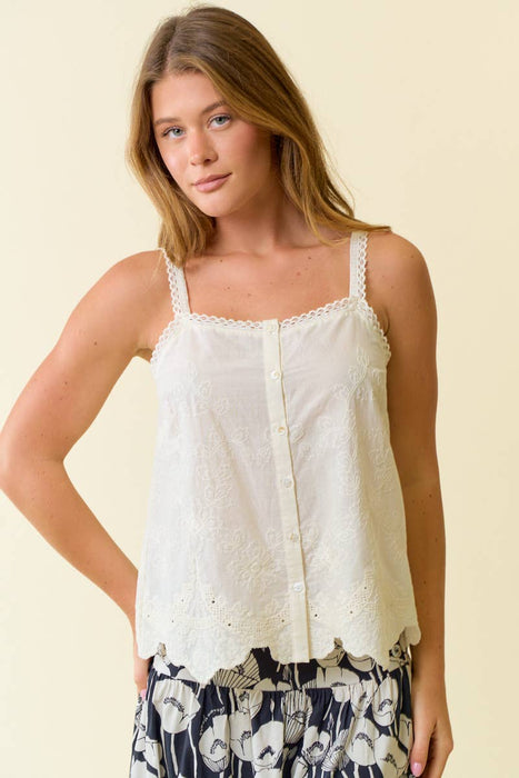 Scallop Front Button Down Lace Strap Tank Top