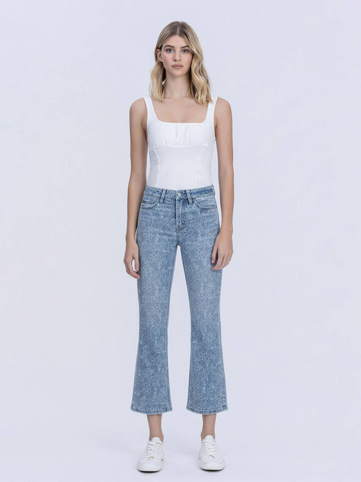 High Rise Floral Easy Flare Cropped Denim Jeans