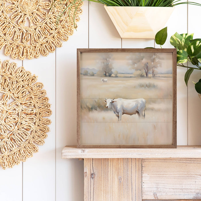 White Cow In Brown Field Framed Wall Art