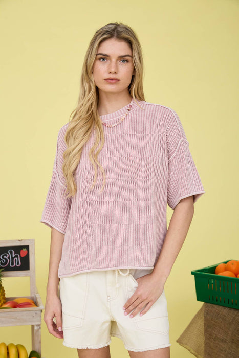 Burgundy Washed Raw Edge Short Sleeve Sweater