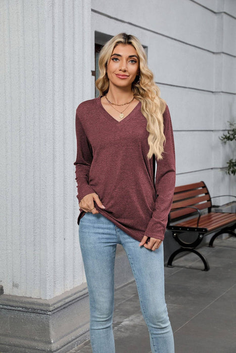 Maroon Soft V-Neck Long Sleeve Tunic Tee | Size S-2XL