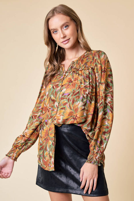Olive Smocked Long Sleeve Blouse