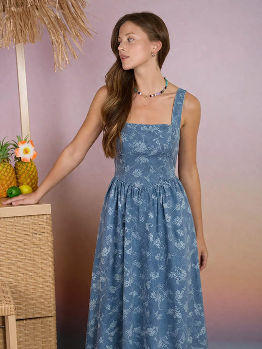 Denim Floral Jacquard Corset Detail Midi Dress