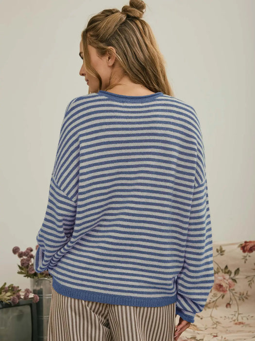 Blue Henley Stripe Drop Shoulder Sweater
