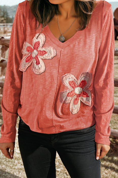 Floral Patchwork V Neck Long Sleeve T Shirt
