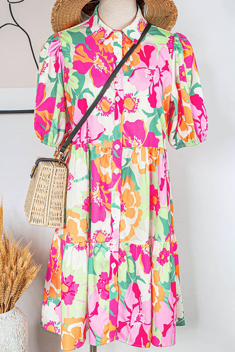 Floral Short Sleeve Buttoned Babydoll Dress | S-XL