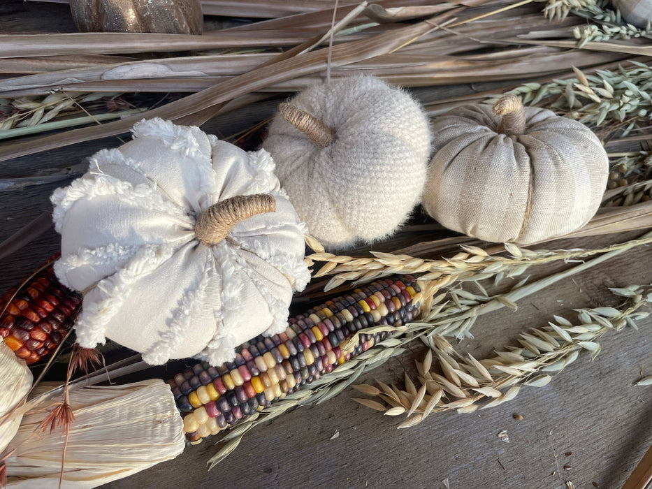 Sm. Cream Fuzzy Fabric Pumpkin