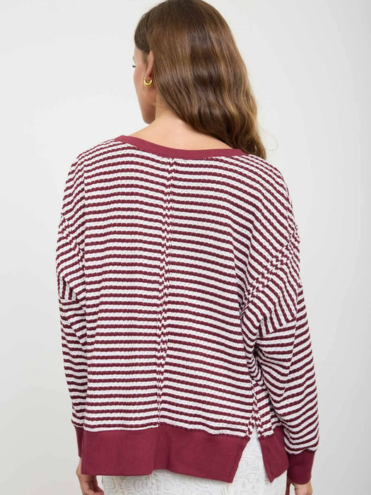 Burgundy Stripe Exposed Seam Long Sleeve Knit Top