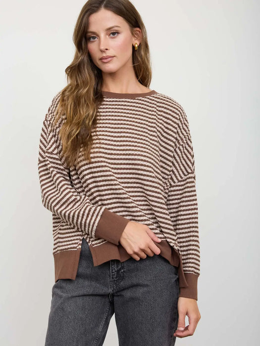 Brown Stripe Exposed Seam Long Sleeve Knit Top