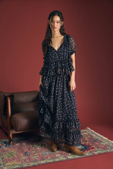 Floral Ruffled Tiered Hem Midi Skirt