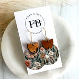 Sage Green/Pink Floral Crescent Leather Earrings 