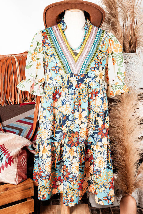 Boho Floral Crochet Patchwork Loose Mini Dress | S-XL