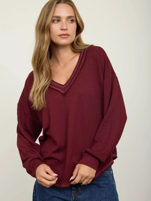 Burgundy Raw Edge V-Neck Long Sleeve Textured Knit Top
