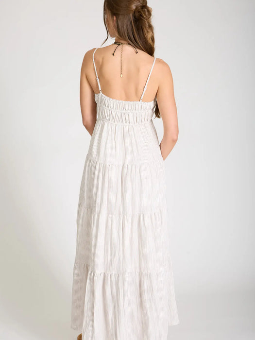 Mocha Stripe Shirred Empire Waist Tiered Midi Dress