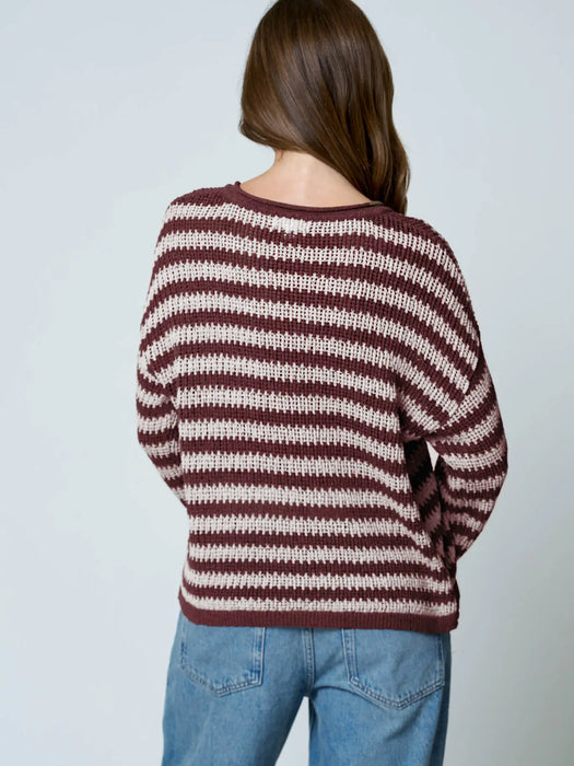 Burgundy Stripe Raw Edge Split Neck Sheer Knit Sweater