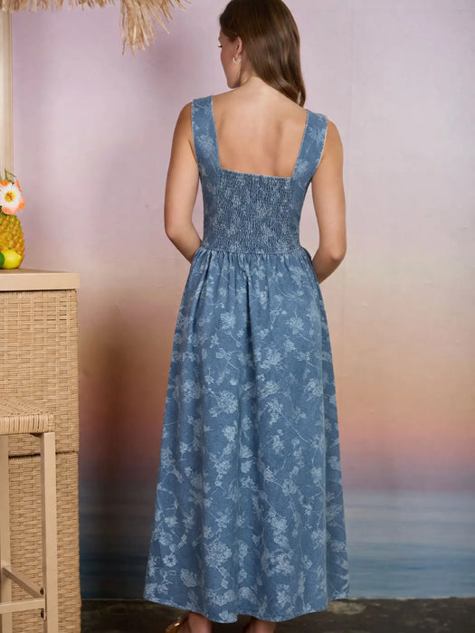 Denim Floral Jacquard Corset Detail Midi Dress
