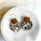 Sage Green/Pink Floral Crescent Leather Earrings 