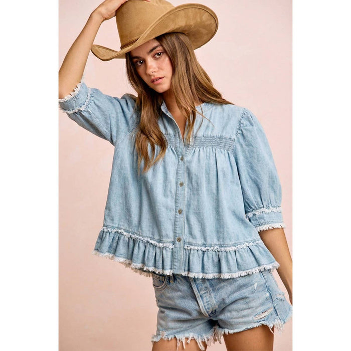 Washed Light Denim Smocked Ruffled Hem Top