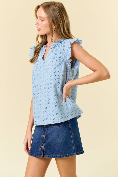 Cotton Eyelet Ruffle Neckline Cap Sleeve Top - White or Blue