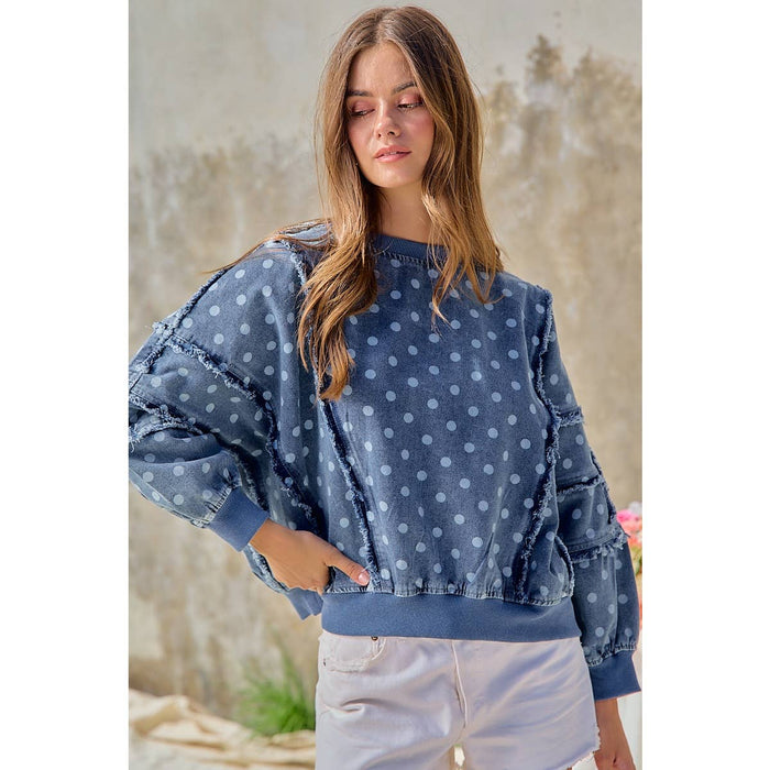 Denim Polka Dot  Frayed Edge Detail Top