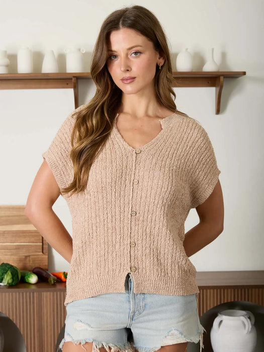 Khaki Cozy Short Sleeve Button Down Knit Sweater