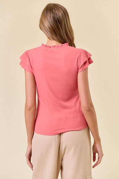 Soft Rib Ruffled Neck Butterfly Cap Sleeve Top - Coral