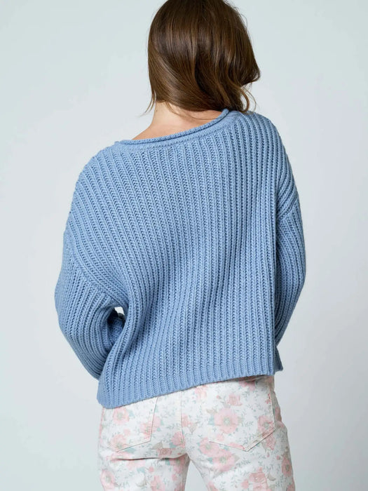 Dusty Blue Roll Up Raw Edge Detail Long Sleeve Knit Sweater