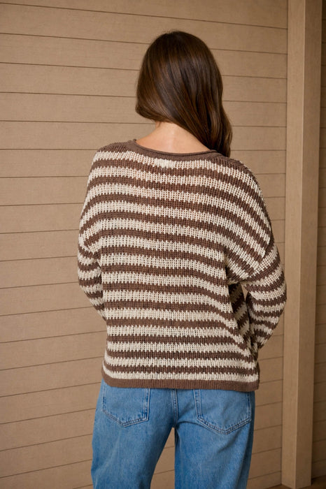 Mocha Stripe Raw Edge Split Neck Sheer Knit Sweater