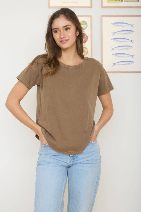 Brown Short Sleeve Exposed Seam Top