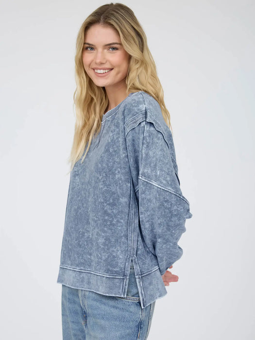 Blue Acid Wash Long Sleeve Side Slit Knit Top