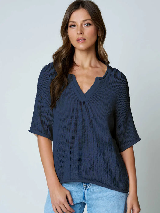 Navy Split Neck Raw Edge Sheer Crochet Knit Top