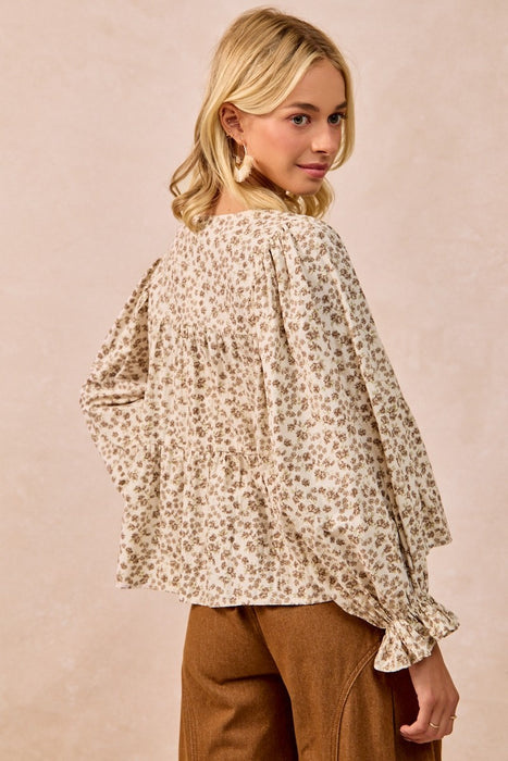Floral Printed Peplum Top With Shirring And Tied