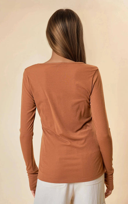 Honey Brown Henley Knit Top