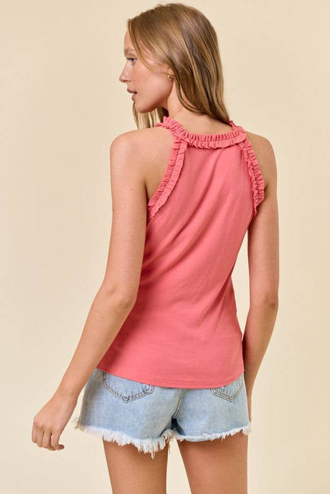 Soft Rib Scoop Neck Ruffle Tank - Coral