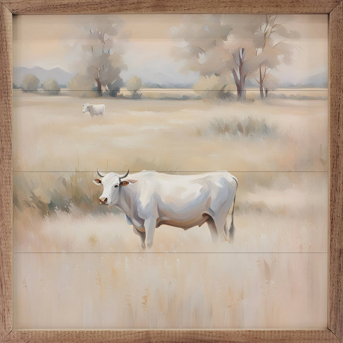 White Cow In Brown Field Framed Wall Art