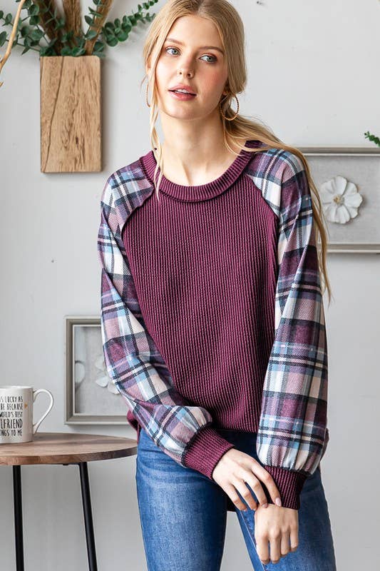 Burgundy Ribbed Top w/ Plaid Sleeves PLUS 1XL-3XL