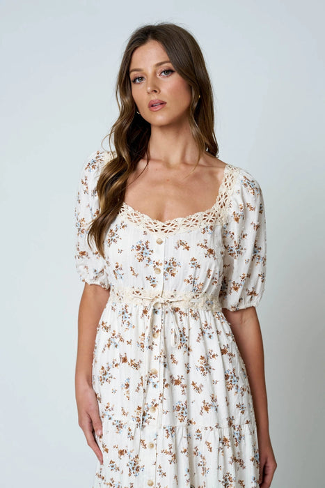 Floral Clip Dot Crochet Lace Trim Midi Dress