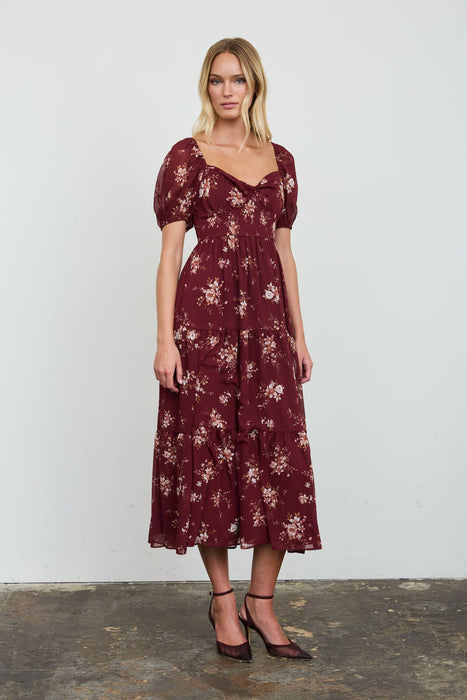 Floral Sweetheart Smocked Puff Tiered Midi Dress