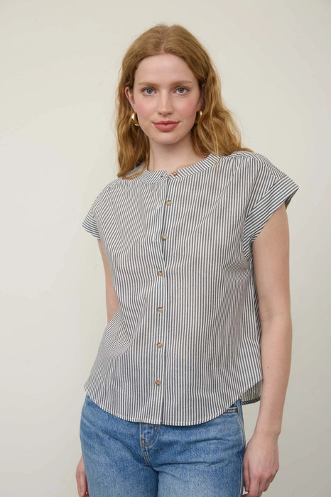 Black/White Stripe Round Neck Button Down Short Sleeve Top