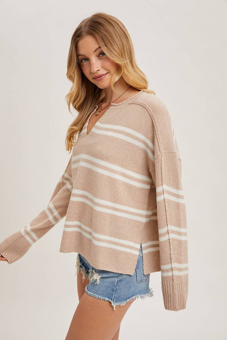 Notch Neck Striped Knit Sweater