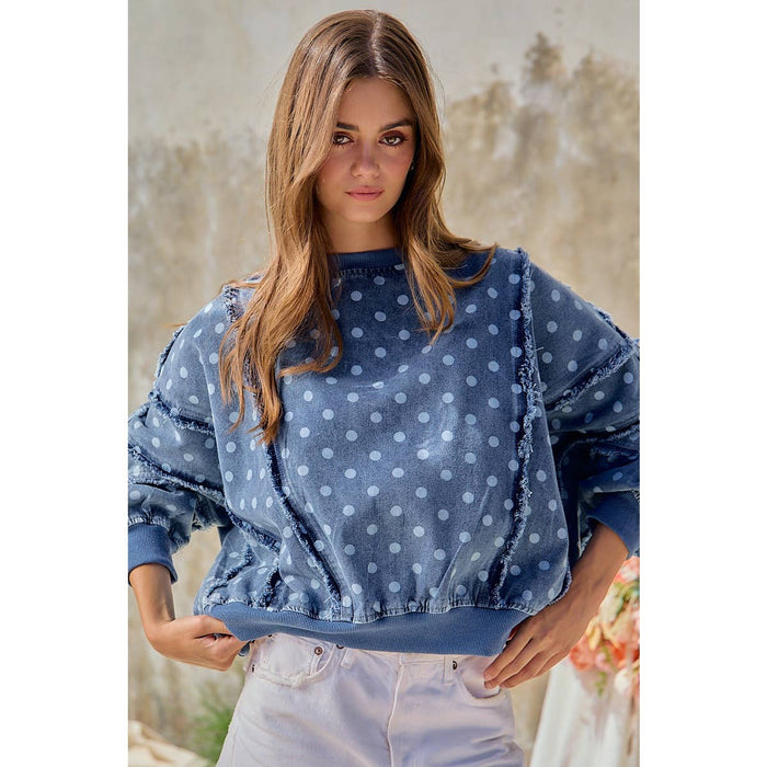 Denim Polka Dot  Frayed Edge Detail Top